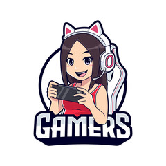 Cute mobile gamer character mascot logo, Gamer girl cartoon esport logo template © tkzgraphic
