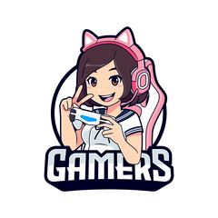 Cute gamer character mascot logo, Gamer girl cartoon esport logo template © tkzgraphic