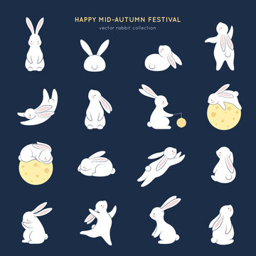 Happy rabbit set. Mid-autumn festival elements. Flat bunny collection