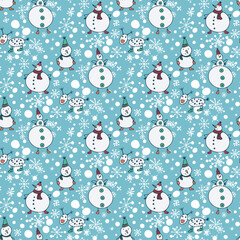 Winter seamless vector pattern. Snowmen on the background of snowfall. Design for holiday packaging, paper, fabric