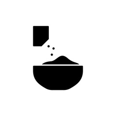 Dry bakery yeast or baking powder use silhouette icon. Outline image of Bowl with flour, bag for instant yeast instruction. Black cooking illustration. Flat isolated vector pictogram, white background