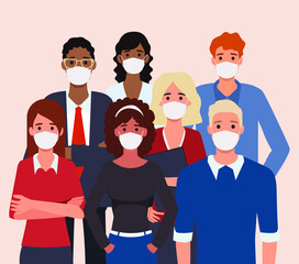 Group of people wearing medical masks to prevent disease, flu, air pollution, contaminated air, world pollution. Corona virus.Vector illustration in a flat style