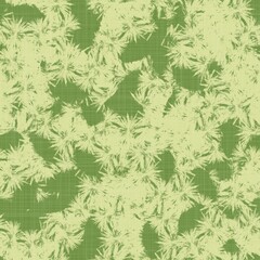 Bright line green tropical foliage seamless pattern. High quality illustration. Vivid but simple palm tree leaves in happy light green shades with linen fabric texture overlay.
