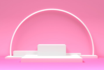 Abstract geometric studio with white podiums against a solid pink background. 3d illustration