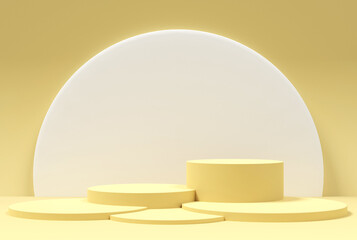 Abstract studio with round podiums in white and yellow colors. 3d illustration