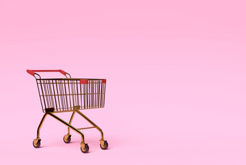 Golden shopping cart stands on a solid pink background. 3d illustration
