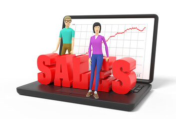 Man and a woman with a big red word Sales stand on a laptop. Concept of online shopping via the internet. White background. 3d illustration