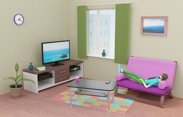Man lying on a sofa and watching television in the living room. 3d illustration