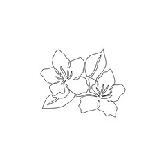 One continuous line drawing of beauty fresh azalea for home decor wall art poster print. Decorative rhododendron flower concept for wedding invitation card. Single line draw design vector illustration