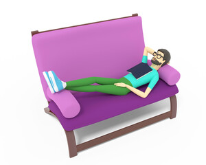 Young man with a book on his breast lies on a couch. White background. 3d illustration
