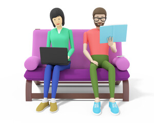 Young woman with a laptop and a man reading a book sit on a sofa. White background. 3d illustration