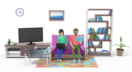 Young woman with a man sit on a sofa among furniture in the flat. White background. 3d illustration