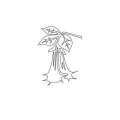 One continuous line drawing of beauty fresh brugmansia for home decor wall art poster print. Decorative angel trumpet flower concept for greeting card. Single line draw design vector illustration