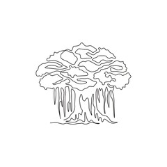 Fototapeta premium Single continuous line drawing of shady and leafy banyan tree. Decorative ficus benghalensis plant concept for wall decor home art poster print. Modern one line draw design vector graphic illustration