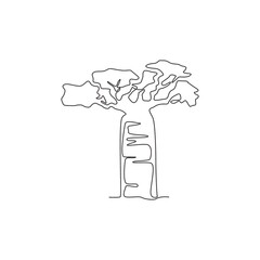 Single one line drawing of beauty and exotic baobab tree. Decorative giant adansonia digitata for greeting post card. Tour and travel concept. Modern continuous line draw design vector illustration