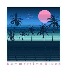 Colorful vector illustration of silhouette of palm trees with sun and stripes in the background.