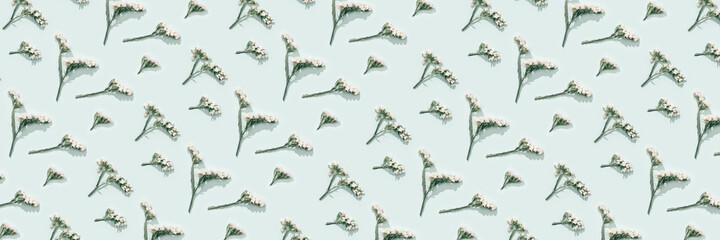 Delicate dry flowers, white blossoms, close up herbarium. Natural flowery pattern