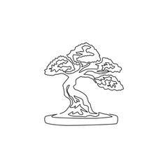 One continuous line drawing old beauty exotic little bonsai tree for home art wall decor poster print. Decorative ancient potted plant for plant shop logo. Single line draw design vector illustration