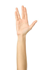 Vulcan salute. Woman hand gesturing isolated on white