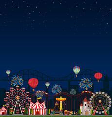 Amusement park scene at night with blank dark blue sky
