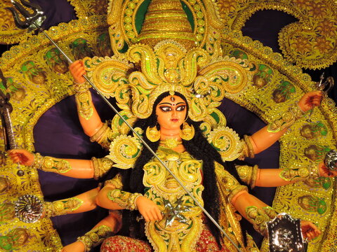 Idol of goddess durga displayed in a local pandal on the eve of duga puja festival.	
