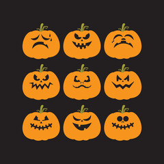 collection of flat pumpkins with scary faces. Autumn holidays. Halloween Pumpkins. Vector illustration EPS10.