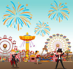 Amusement park with circus and ferris wheel and fire work background