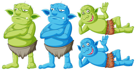 Set of green and blue goblin or troll standing and lying with different faces in cartoon character isolated