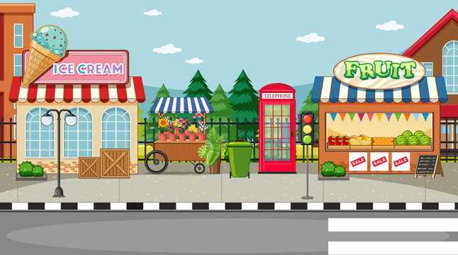 Street side scene with ice cream shop and fruit shop