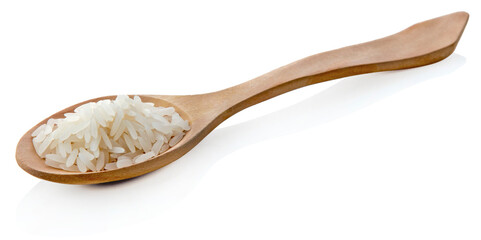 rice in wood spoon on white background