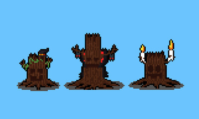 Pixel art set of halloween spooky tree monster character.