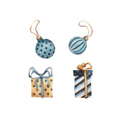 set of New Year gifts and Christmas balls isolated on white background. christmas watercolor illustration. New Year's decor in blue