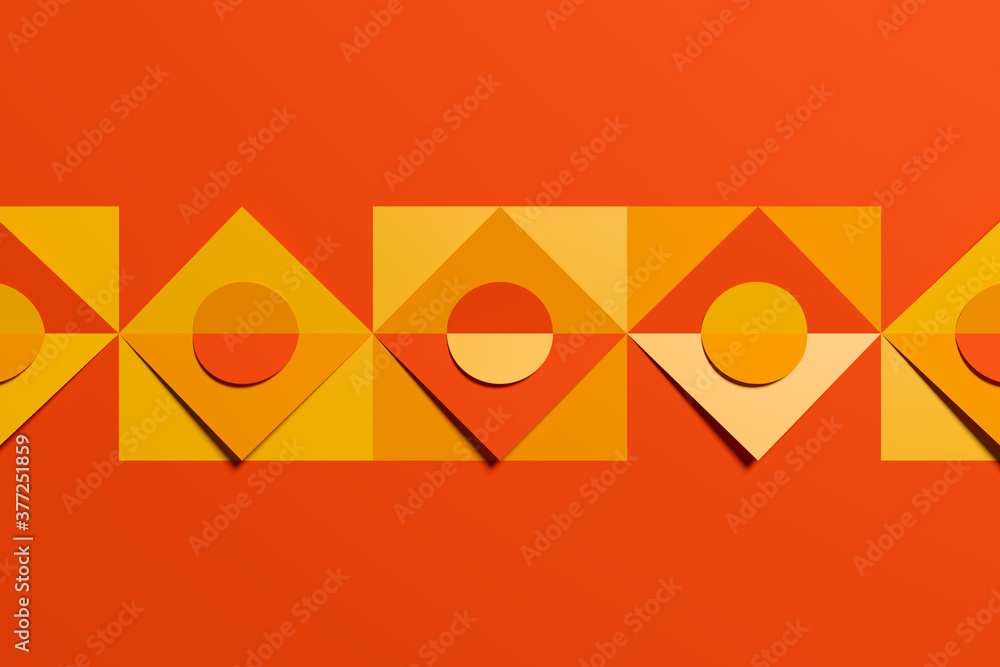 Poster multicolored yellow, orange and red pattern in geometric ornamental style with squares and circles. 