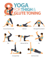 8 Yoga poses or asana posture for workout in thigh & glute toning concept. Women exercising for body stretching. Fitness infographic. Flat cartoon vector.