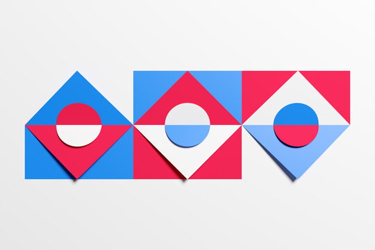 Multicolored pink, blue and  red pattern in geometric ornamental style with squares and circles. Abstract background texture in geometric ornamental style. Flawless design.