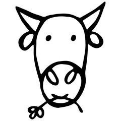 Vector isolated element, upcoming new year, the year of the bull. Cow's head. Hand drawn doodle.