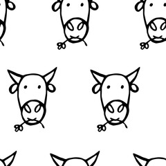 Seamless pattern with cow's head. Vector hand drawn illustration. Upcoming new year, the year of the bull.