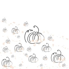 Several pumpkins of different sizes on a white background with round watercolor spots