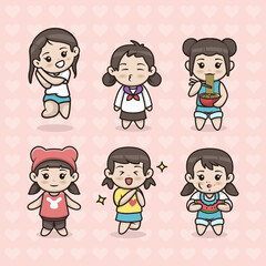 Set of cute kawaii girl mascot design