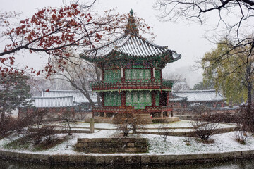 Snow in winter at jingfugong palace in Seoul, South Korea