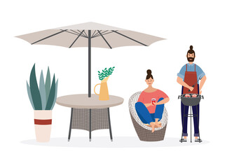 Cartoon couple cooking on barbecue grill. Cozy garden furniture