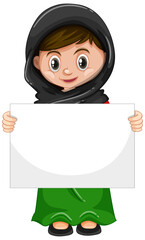 Cute young girl cartoon character holding blank banner
