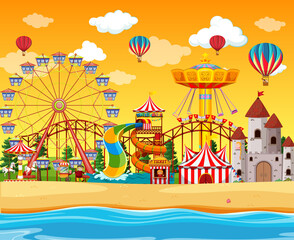 Amusement park with beach side scene at daytime with balloons in the sky