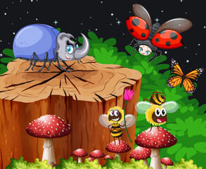 Naklejka na ściany i meble Different insects and beetles living in the garden scene at night