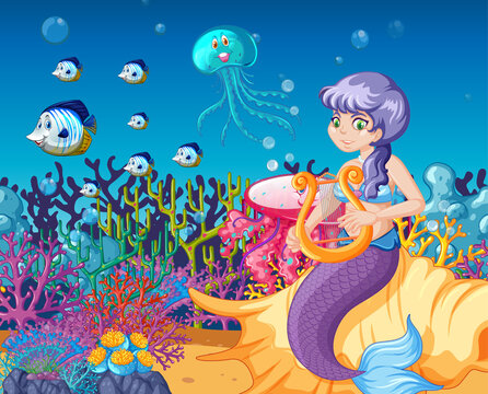 Set of sea animals and mermaid cartoon on sea background