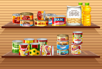 Many different canned foods or processed food on wall shelves - obrazy, fototapety, plakaty