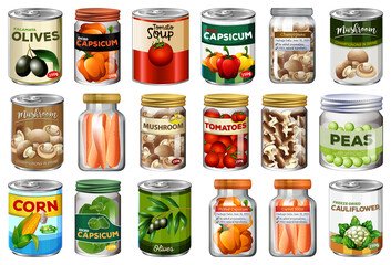 Set of different canned food and food in jars isolated
