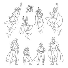 Fototapeta na wymiar Superhero family characters in outline style set vector illustration isolated.