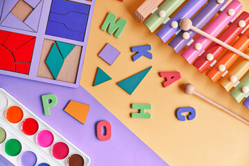 School supplies, stationery space for caption. Back to school concept. School, education and learning concept. creativity for kids. Top view colorful background. Flat lay
