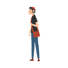 Jew Guy in Casual Clothes Standing with Bag, International College or University Student Character Vector Illustration